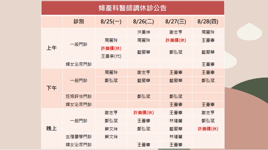 114/08/25(一)~114/08/28(四)婦產科許廣鑌醫師調休診公告