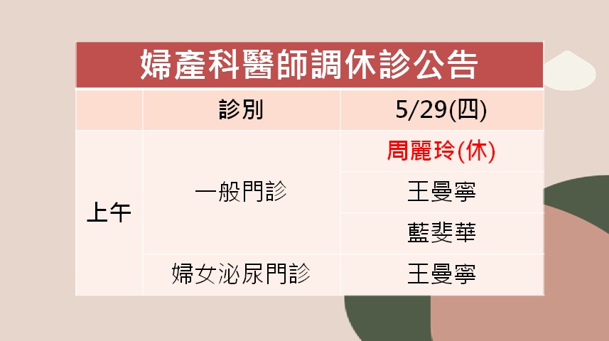 114/05/29(四)婦產科周麗玲醫師調休診公告