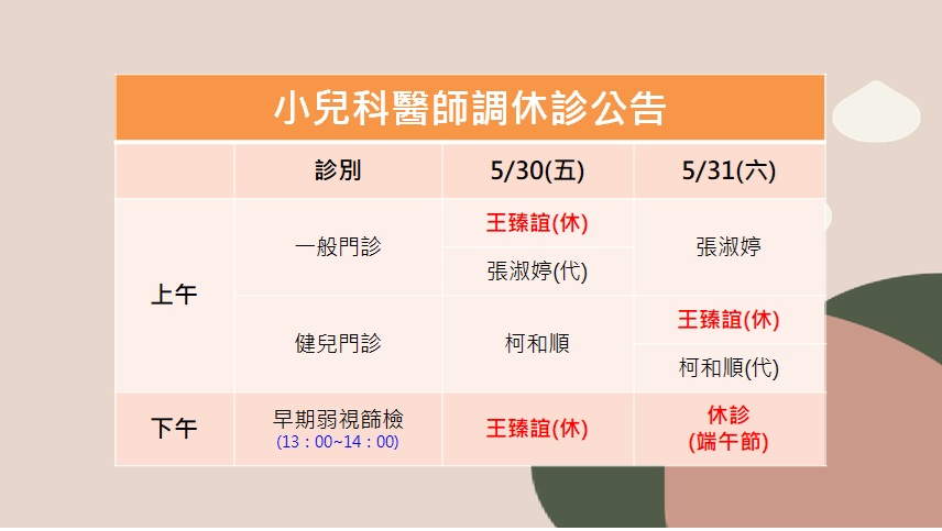 114/05/30(五)~114/05/31(六)小兒科王臻誼醫師調休診公告