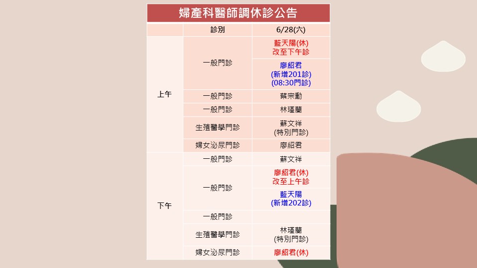 114/06/28 婦產科廖紹君、藍天陽醫師調休診公告