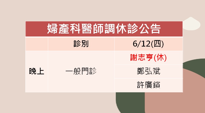 114/06/12(四)婦產科謝志亨醫師調休診公告