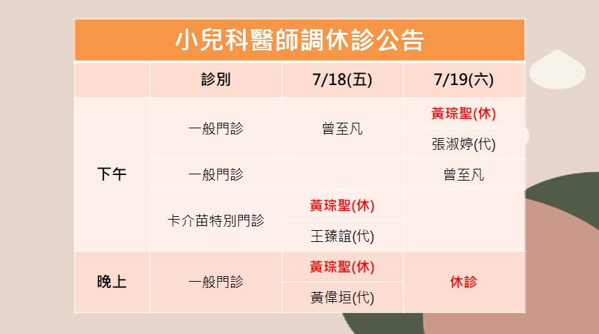 114/07/18(五)~114/07/19(六)小兒科黃琮聖醫師調休診公告