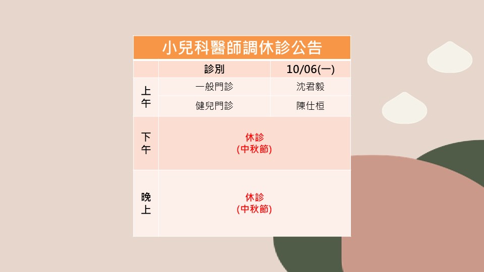114/10/06(一)小兒科中秋節調休診公告