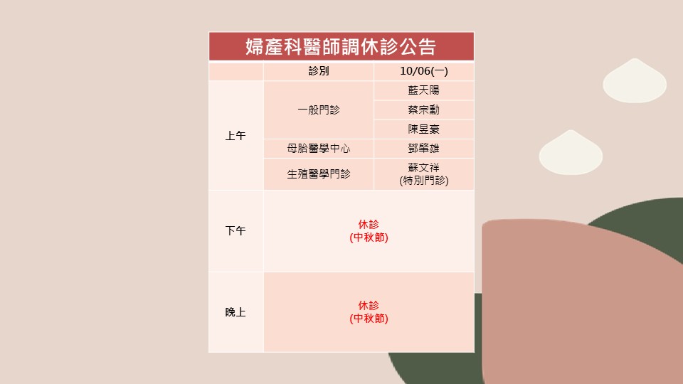 114/10/06(一)婦產科中秋節調休診公告