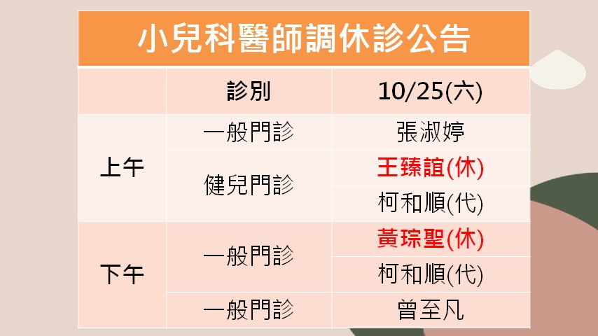 114/10/25(六)小兒科門診異動．調休診公告
