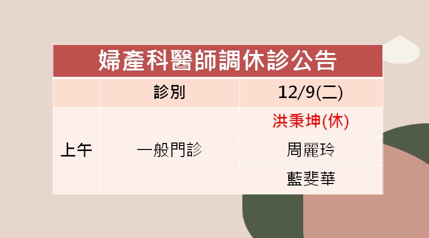 114/12/09(二)婦產科洪秉坤醫師調休診公告