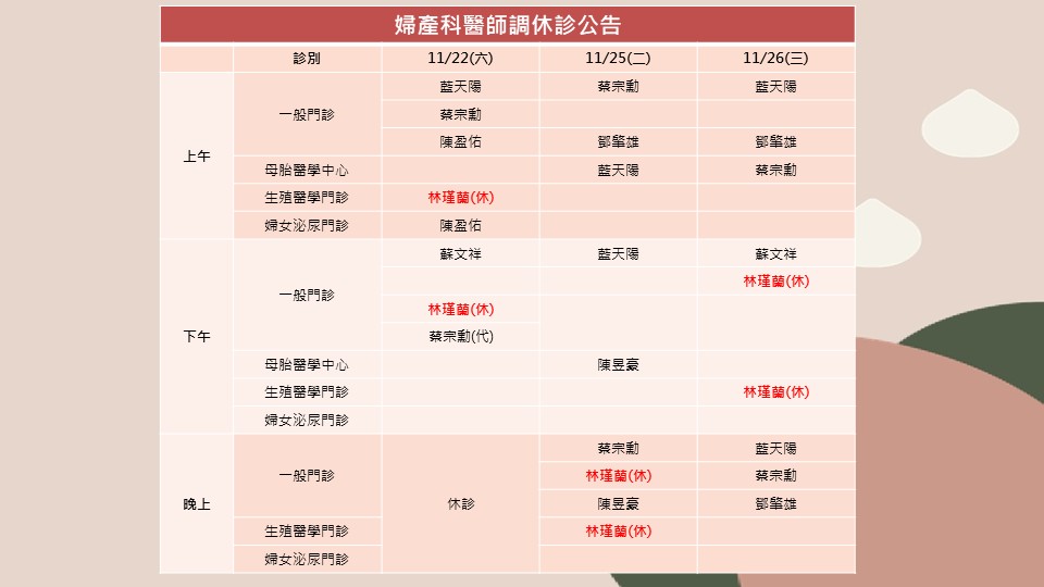 114/11/22~114/11/26 婦產科林瑾蘭醫師調休診公告