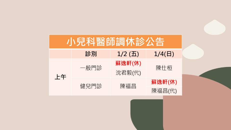 115/01/02、115/01/04小兒科蘇逸軒醫師調休診公告