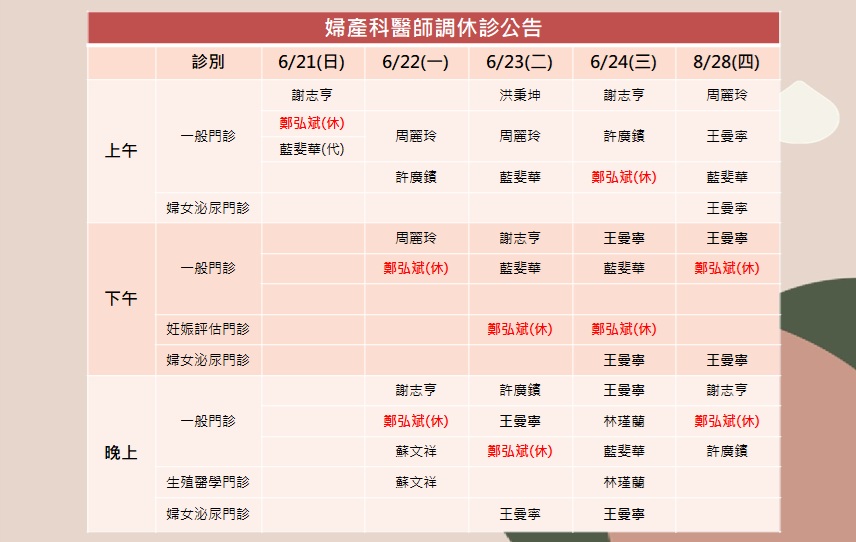 115/06/21(日)~115/06/25(四)婦產科鄭弘斌醫師調休診公告