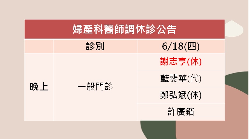 115/06/18(四)婦產科謝志亨醫師調休診公告