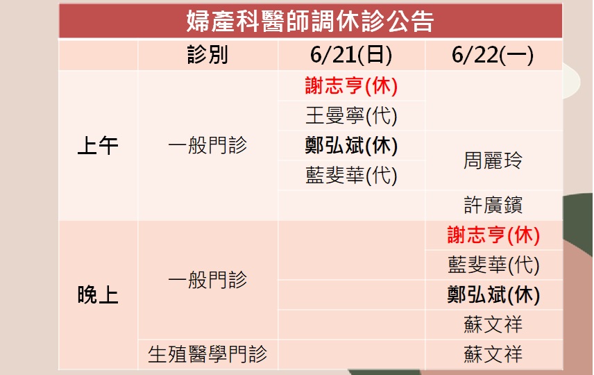 115/06/21(日)~115/06/22(一)婦產科謝志亨醫師調休診公告
