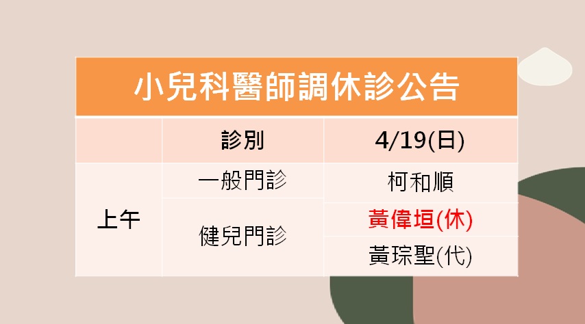 115/04/19(日)小兒科黃偉垣醫師調休診公告