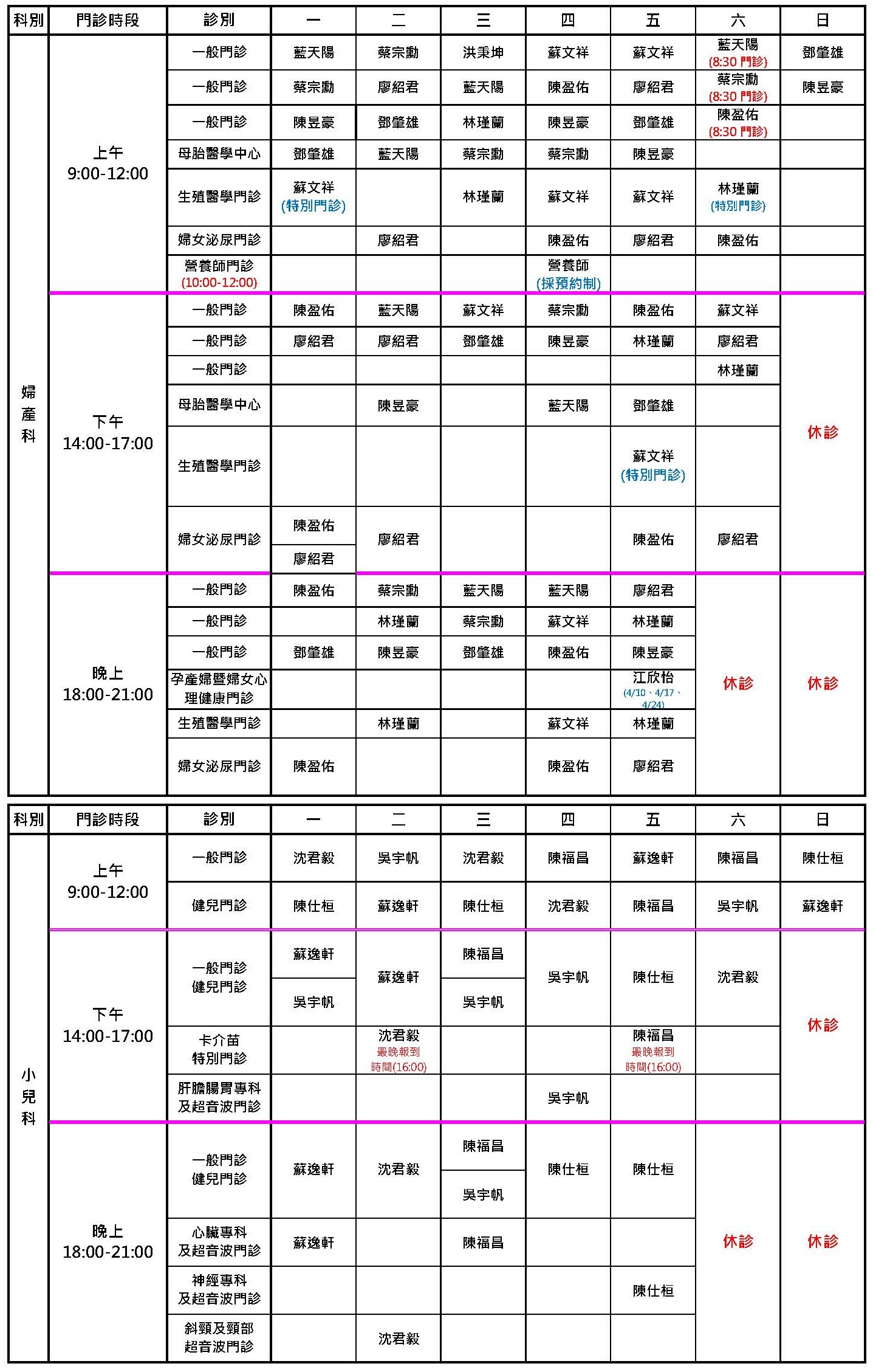 桃園秉坤4月門診表