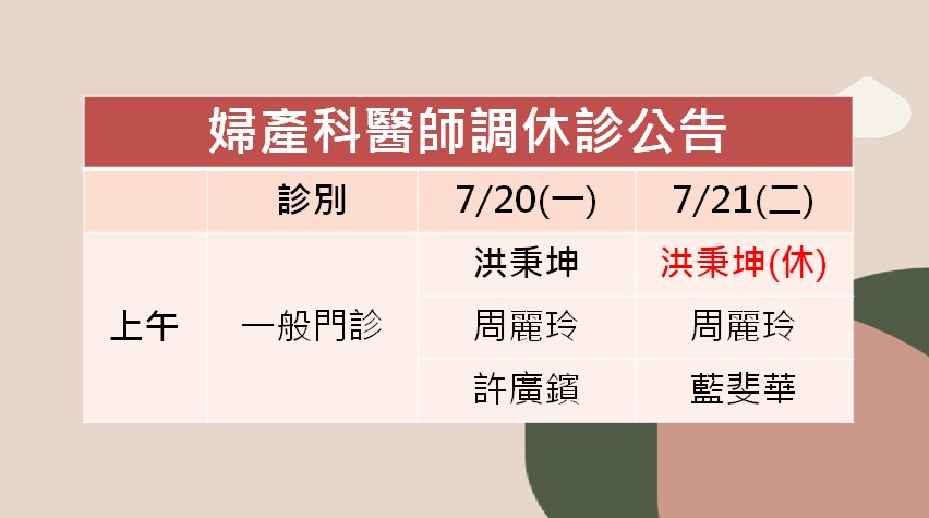 115/07/20(一)~115/07/21(二)婦產科洪秉坤醫師門診異動公告