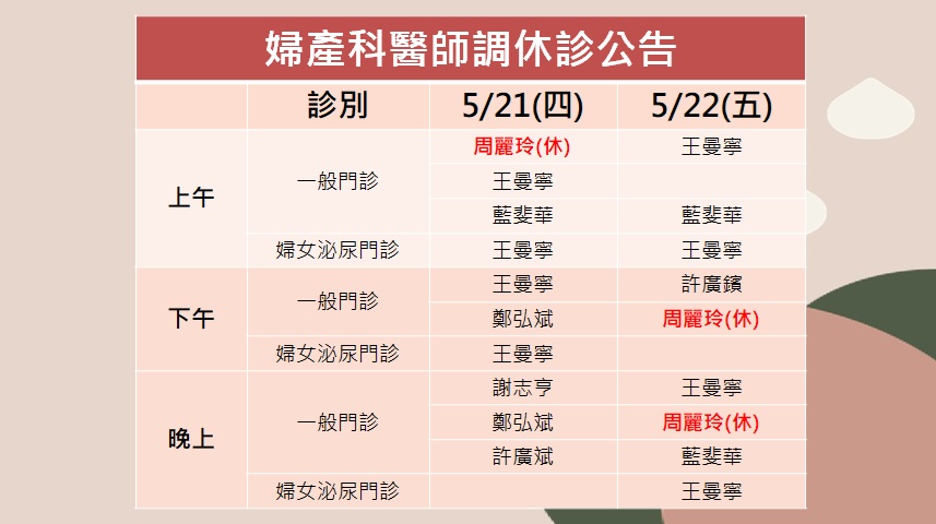 115/05/21(四)~115/05/22(五)婦產科周麗玲醫師調休診公告