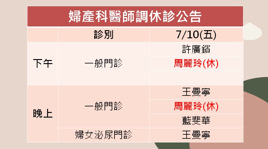 115/07/10(五)婦產科周麗玲醫師調休診公告