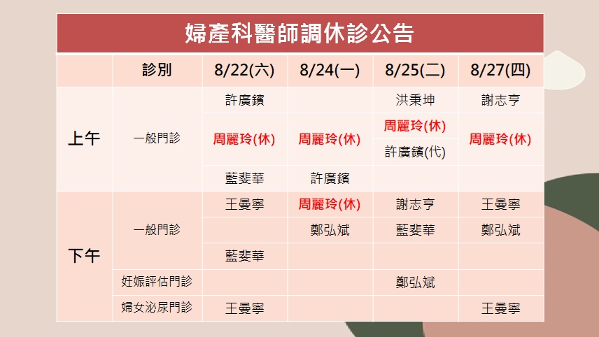 115/08/22(六)~115/08/27(四)婦產科周麗玲醫師調休診公告