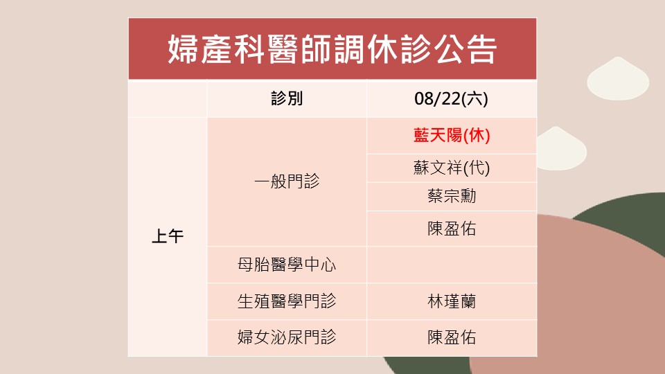 115/08/22婦產科藍天陽醫師調休診公告