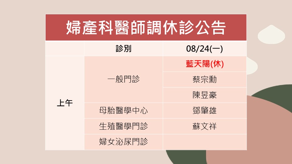 115/08/24婦產科藍天陽醫師調休診公告