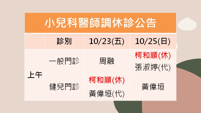 115/10/23(五)~115/10/25(日)小兒科柯和順醫師調休診公告