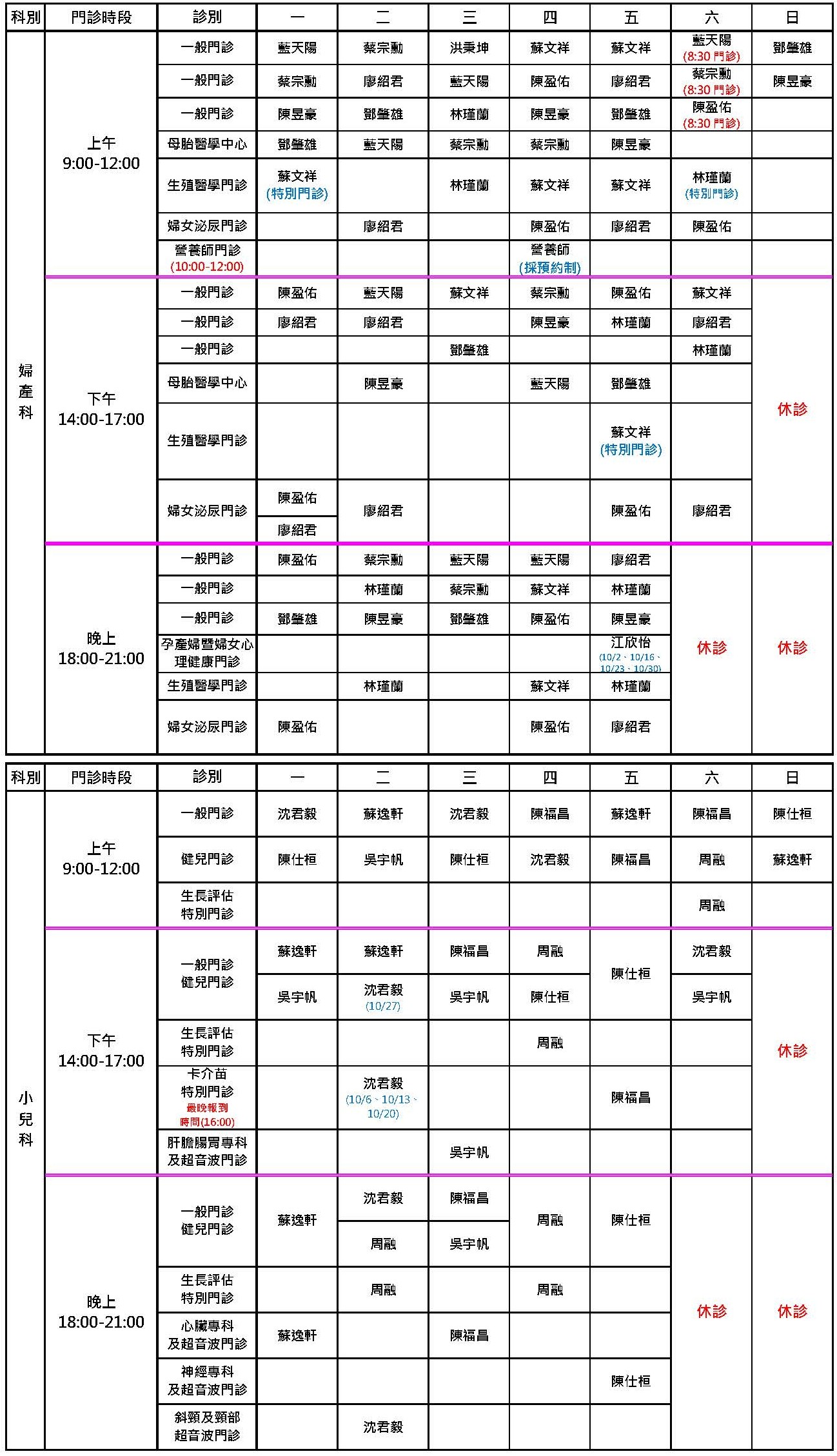 桃園秉坤10月門診表