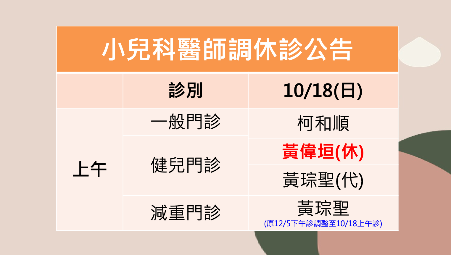 115/10/18(日)小兒科黃偉垣醫師調休診公告